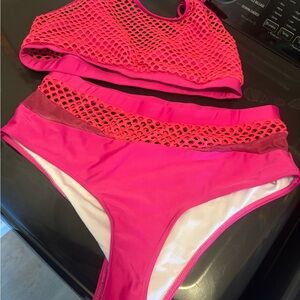 Hot Pink Mesh Accent Women's Swim Set